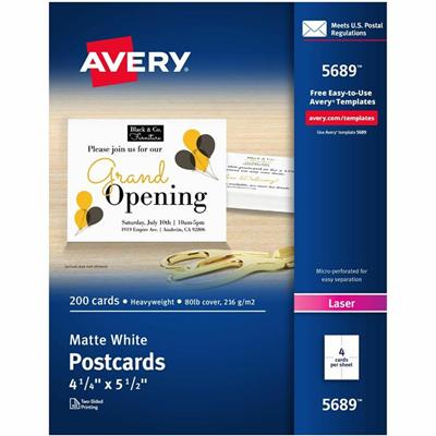 Avery&reg; Postcards - 97 Brightness - 5 1/2" x 4 1/4" - 80 lb Basis Weight - 216 g/m² Grammage - Matte - Perforated, Heavyweight, Rounded Corner, Jam-free, Smudge-free, Double-sided, Uncoated, Recyclable, Biodegradable, Printable - White - 200 