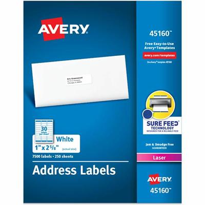 Avery&reg; Address Labels - Sure Feed Technology - 1" Width x 2 5/8" Length - Permanent Adhesive - Rectangle - Laser - Matte White - Matte - Paper - Permanent Adhesive, Peel & Stick, Smudge-free - 30 / Sheet - 30 Total Sheets - 7500 Total Label(s) - 