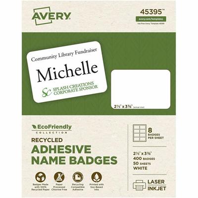 Avery&reg; Eco-friendly Premium Name Badge Labels - 2 21/64" Width x 3 3/8" Length - Removable Adhesive - Rectangle - Inkjet, Laser - Matte White - Matte - Paper - Recyclable, PVC-free, Removable, Chlorine-free, Self-adhesive, Water Based, Stick & St
