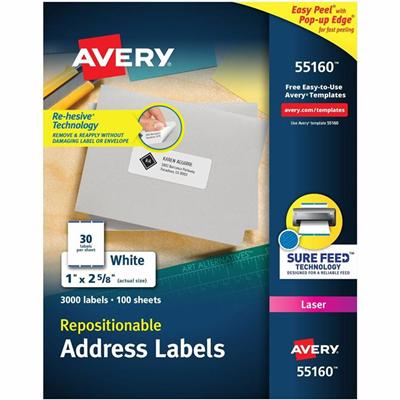 Avery&reg; Address Labels - 1" Width x 2 5/8" Length - Permanent Adhesive - Rectangle - Laser - Matte White - Matte - Paper - Adhesive, Customizable, Jam Resistant, Removable, Repositionable - 30 / Sheet - 30 Total Sheets - 3000 Total Label(s) - 1 Bo