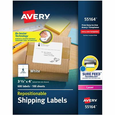 Avery&reg; Repositionable Labels, Sure Feed, 3-1/3"x4" , 600 Labels (55164) - 3 21/64" Width x 4" Length - Permanent Adhesive - Rectangle - Laser - Matte White - Matte - Paper - Repositionable, Adhesive, Customizable, Jam Resistant - 6 / Sheet - 6 To