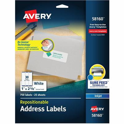 Avery&reg; Repositionable Address Labelss - Sure Feed Technology - 1" Width x 2 5/8" Length - Permanent Adhesive - Rectangle - Inkjet - Matte White - Matte - Paper - Adhesive, Customizable, Damage Resistant, Jam Resistant, Repositionable - 30 / Sheet