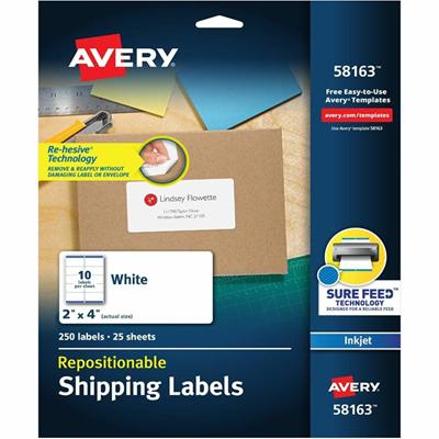 Avery&reg; Repositionable Labels, Sure Feed, 2" x 4" , 250 Labels (58163) - 2" Width x 4" Length - Permanent Adhesive - Rectangle - Inkjet - Matte White - Matte - Paper - Adhesive, Customizable, Damage Resistant, Jam Resistant, Removable, Repositiona
