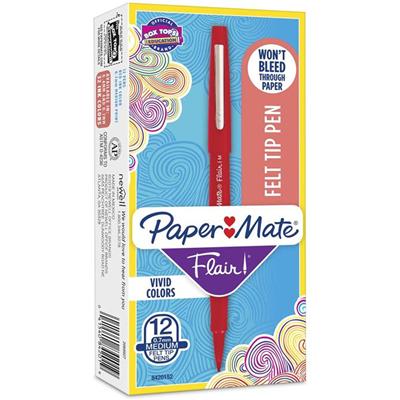 Paper Mate Flair Point Guard Felt Tip Marker Pens - Medium Pen Point - Red Ink - Water Based - Red Barrel - 1 Dozen