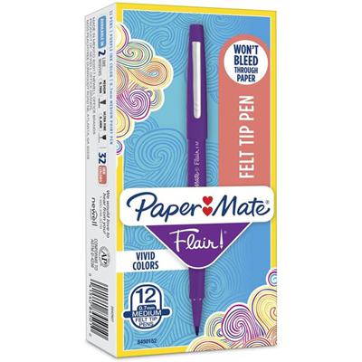 Paper Mate Flair Point Guard Felt Tip Marker Pens - Medium Pen Point - Purple Ink - Water Based - Purple Barrel - 1 Dozen
