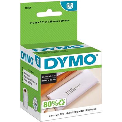 Dymo White Address Labels - 3 1/2" Width x 1 1/8" Length - Permanent Adhesive - Rectangle - Direct Thermal - White - Paper - Self-adhesive - 130 / Roll - 1 Box