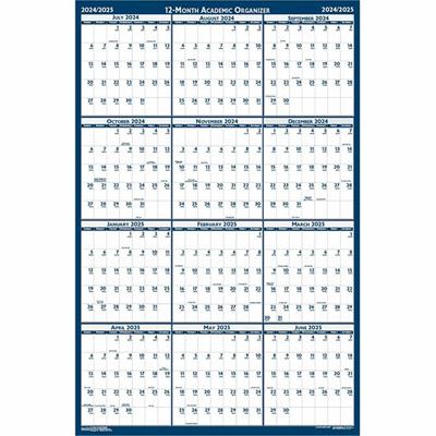 House of Doolittle Academic July-June Wall Calendar - Julian Dates - Yearly - 1 Year - July 2025 to June 2026 - 24" x 37" Sheet Size - 1.13" x 1.63" , 1.25" x 1.38" Block - Blue, Gray - Paper - Laminated, Erasable, Write on/Wipe off - 1 Each