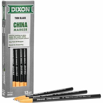 Dixon Industrial Phano Nontoxic China Markers - Black Lead - Black Barrel - 1 Dozen
