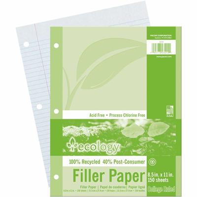 Ecology Recycled Filler Paper - Letter - 150 Sheets - College Ruled Front Ruling - 0.28" Ruled - Ruled Red Margin - 3 Hole(s) - Letter - 8 1/2" x 11" Sheet Size - White Paper - Recycled - 1 Pack