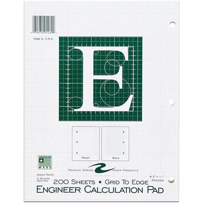 Roaring Spring 5x5 Grid Engineering Pad - 200 Sheets - 400 Pages - Printed - Glued - Back Ruling Surface - 3 Hole(s) - 15 lb Basis Weight - 56 g/m² Grammage - 11" x 8 1/2" Sheet Size - 0.66" Height x 8.5" Width x 11" Length - Green Paper - Chipb