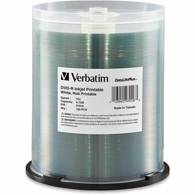 Verbatim 97016 DVD Recordable Media - DVD-R - 16x - 4.70 GB - 100 / Pack - White - Inkjet Print Technology