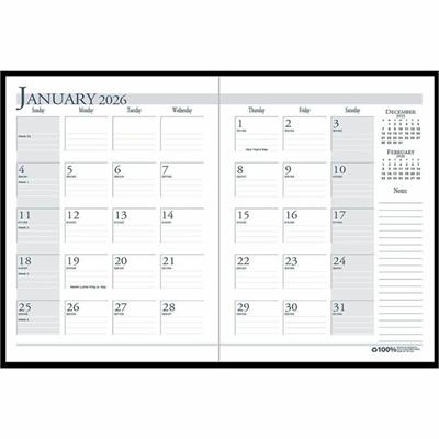House of Doolittle Economy Stitched Cover Monthly Planner - Monthly - 14 Month - December 2025 to January 2027 - 1 Month Double Page Layout - 8 1/2" x 11" Sheet Size - 1.75" x 1.75" Block - Leatherette, Paper - Black Cover - Notepad, Reference Calend