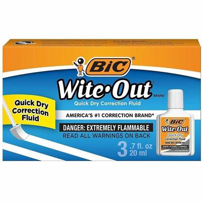 BIC Wite-Out Quick Dry Correction Fluid - Foam Wedge Applicator - 20 mL - White - Quick Drying, Spill Resistant - 3 / Pack