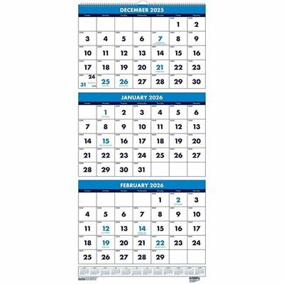 House of Doolittle Three-month Vertical Wall Calendar - Monthly - 14 Month - December 2025 to January 2027 - 3 Month Single Page Layout - 12 1/4" x 27" Sheet Size - Wire Bound - Blue - Paper - 26" Height x 12.3" Width - Eyelet - 1 Each