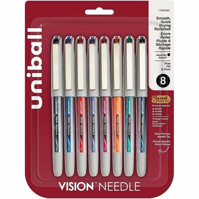 uniball™ Vision Needle Rollerball Pens - 0.7 mm Fine Needle Pen Point - Blue, Black, Green, Orange, Pink, Purple, Red Ink - Liquid - Silver Barrel - 8 / Pack