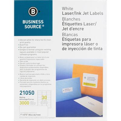 Business Source Bright White Premium-quality Address Labels - 1" Width x 2 5/8" Length - Permanent Adhesive - Rectangle - Laser, Inkjet - White - Jam-free - 30 / Sheet - 100 Total Sheets - 3000 / Pack