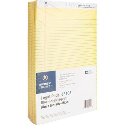 Business Source Legal Pads - 50 Sheets - 0.34" Ruled - 16 lb Basis Weight - Legal - 8 1/2" x 14" Sheet Size - Canary Paper - Micro Perforated, Easy Tear, Sturdy Back - 1 Dozen