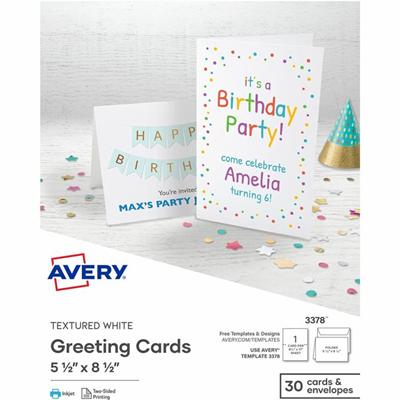 Avery&reg; Half-Fold Greeting Cards, Textured, Uncoated, 5-1/2" x 8-1/2" , 30 Cards (3378) - 5 1/2" x 8 1/2" - Textured - Uncoated, Heavyweight - White - 30/Pack - 6 / Carton