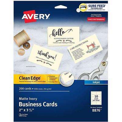 Avery&reg; Clean Edge Business Cards, 2" x 3.5" , Ivory, 200 (08876) - 90 Brightness - 2" x 3 1/2" - 93 lb Basis Weight - 254 g/m² Grammage - Matte - Heavyweight, Perforated, Smooth Edge, Double-sided, Double-sided, Smudge-free, Jam-free, Printa