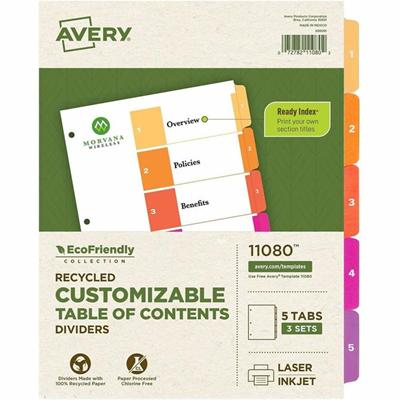 Avery EcoFriendly Recycled Dividers, 5 Tabs (3 Sets of 11080) - 15 x Divider(s) - 15 Tab(s) - Digit - 1-5, Table of Contents - 5 Tab(s)/Set - 8.5" Divider Width x 11" Divider Length - 3 Hole Punched - White Paper Divider - Multicolor Paper Tab(s) - 1