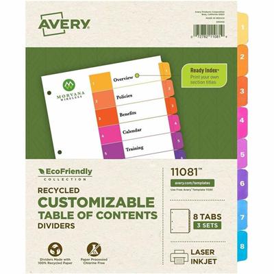 Avery EcoFriendly Recycled Dividers, 8 Tabs (3 Sets of 11081) - 24 x Divider(s) - 24 Tab(s) - Digit - 1-8, Table of Contents - 8 Tab(s)/Set - 8.5" Divider Width x 11" Divider Length - 3 Hole Punched - White Paper Divider - Multicolor Paper Tab(s) - 1