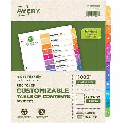 Avery EcoFriendly Recycled Dividers, 12 Tabs (3 Sets of 11083) - 36 x Divider(s) - 36 Tab(s) - Digit - 1-12, Table of Contents - 12 Tab(s)/Set - 8.5" Divider Width x 11" Divider Length - 3 Hole Punched - White Paper Divider - Multicolor Paper Tab(s) 
