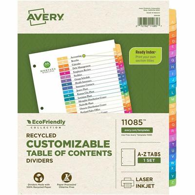 Avery coFriendly Recycled A-Z Dividers, 26 Tabs (11085) - 26 x Divider(s) - 26 Tab(s) - Alphabet - A-Z, Table of Contents - 26 Tab(s)/Set - 8.5" Divider Width x 11" Divider Length - 3 Hole Punched - White Paper Divider - Multicolor Paper Tab(s) - 100