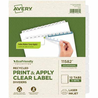 Avery&reg; Eco-friendly Index Makers Dividers - 60 x Divider(s) - 12 Print-on Tab(s) - 12 - 12 Tab(s)/Set - 8.5" Divider Width x 11" Divider Length - 3 Hole Punched - White Paper Divider - White Paper Tab(s) - 100% Recycled - Durable, Double-sided, R