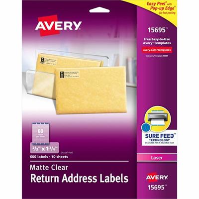 Avery&reg; Easy Peel Return Address Labels - 21/32" Width x 1 3/4" Length - Permanent Adhesive - Rectangle - Laser - Matte Clear - Matte - Film - Curl Resistant, Easy Peel, Jam Resistant, Peel & Stick, Peeling Resistant, Permanent Adhesive, Pop Up Ed