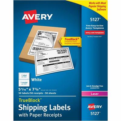 Avery&reg; Shipping Labels with Receipt, 5-1/16" x 7-5/8" , 50 Labels (5127) - 7 5/8" Length - Permanent Adhesive - Rectangle - Laser - White - Paper - Permanent Adhesive, Smudge-free, Jam-free - 1 / Sheet - 50 Total Sheets - 50 Total Label(s) - 50 /