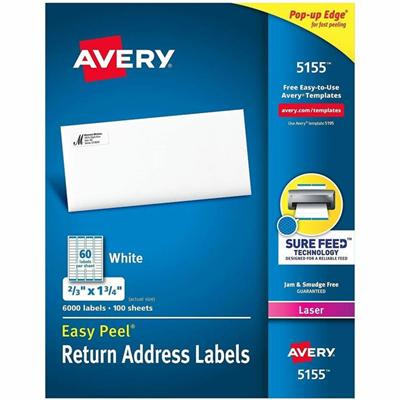 Avery&reg; Easy Peel Return Address Labels, 2/3"x1-3/4" 6,000 Labels (5155) - x 2/3" Width x 1 3/4" Length - Permanent Adhesive - Rectangle - Laser - Matte - White - Paper - Permanent Adhesive, Customizable, Smudge-free, Easy Peel, Stick & Stay, Jam-
