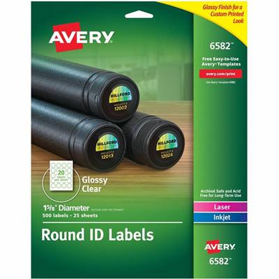 Avery&reg; Glossy Permanent Multipurpose Round Labels - 1 5/8" Diameter - Permanent Adhesive - Round - Inkjet, Laser - Crystal Clear - Film - Customizable, Jam Resistant, Permanent Adhesive, Print-to-the Edge - 20 / Sheet - 25 Total Sheets - 500 Tota