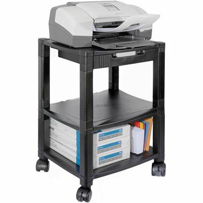 Kantek 3-Shelf Mobile Height-Adjustable Printer/Fax Stand with Organizing Drawer - 75 lb Load Capacity - 3 x Shelf(ves) - 24.25" Height x 17" Width x 13.25" Depth - Floor - Polystyrene - Black