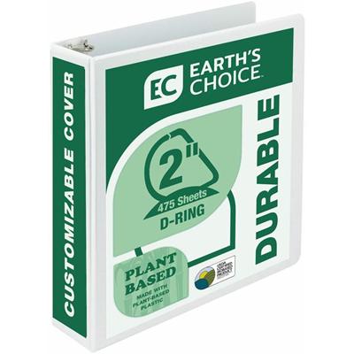 Samsill Earth's Choice Plant-based Durable View Binder - 2" Binder Capacity - Letter - 8 1/2" x 11" Sheet Size - 475 Sheet Capacity - Fastener(s): D-Ring - Pocket(s): 2 - Plastic, Chipboard - White - 1.13 lb - Recycled - Archival-safe, Clear Overlay,