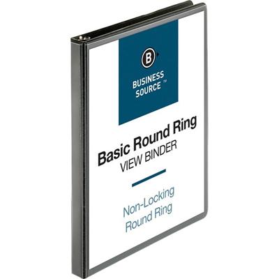 Business Source Round-ring View Binder - 1/2" Binder Capacity - Letter - 8 1/2" x 11" Sheet Size - 125 Sheet Capacity - Fastener(s): Round Ring - Pocket(s): 2, Internal - Polypropylene - Black - Wrinkle-free, Gap-free Ring, Clear Overlay, Non Locking
