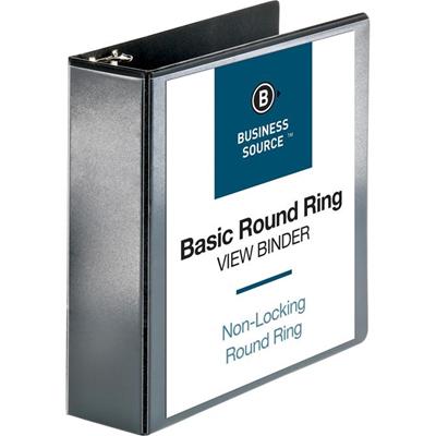 Business Source Round-ring View Binder - 3" Binder Capacity - Letter - 8 1/2" x 11" Sheet Size - 625 Sheet Capacity - Fastener(s): Round Ring - Pocket(s): 2, Internal - Polypropylene - Black - Wrinkle-free, Gap-free Ring, Clear Overlay, Non Locking M