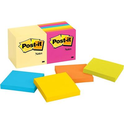 Post-it&reg; Notes Original Notepads - Canary Yellow and Poptimistic Color Collection - 1400 - 3" Flag/Note Width x 3" Flag/Note Length - Square - 100 Sheets per Pad - Unruled - Poppy, Neon Orange, Aqua Wave Blue, Yellow - Paper - Repositionable, Sel