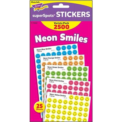Trend superSpots Neon Smiles Stickers Variety Pack - 2500 x Smilies Shape - Acid-free, Non-toxic - Neon Green, Neon Yellow, Neon Orange, Neon Blue, Neon Pink - 1 Pack