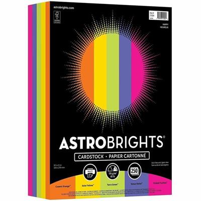 Astrobrights Color Card Stock "Happy" , 5 Assorted Colours - Letter - 8 1/2" x 11" - 65 lb Basis Weight - Acid-free, Lignin-free - Cosmic Orange, Solar Yellow, Terra Green, Venus Violet, Fireball Fuchsia - 250 / Pack