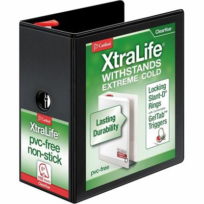 Cardinal&reg; Xtralife ClearVue Locking Slant-D Binder - 5" Binder Capacity - Letter - 8 1/2" x 11" Sheet Size - 1100 Sheet Capacity - 4 3/8" Spine Width - 3 Ring(s) - Fastener(s): D-Ring - Pocket(s): 2, Inside Front & Back - Polyolefin - Black - 2.2