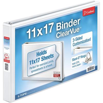 Cardinal&reg; ClearVue Overlay Tabloid D-Ring Binder - 1" Binder Capacity - Tabloid - 11" x 17" Sheet Size - 240 Sheet Capacity - 1" Spine Width - 3 Ring(s) - Fastener(s): D-Ring - Vinyl - White - 2.34 lb - Recycled - Hinged, Clear Overlay, Non Locki