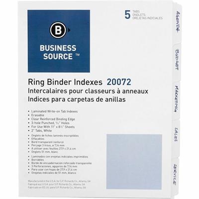 Business Source 3-Ring 5-Tab Erasable Tab Indexes - 5 Write-on Tab(s) - 2" Tab Width - 8.5" Divider Width x 11" Divider Length - Letter - 3 Hole Punched - White Divider - Mylar Tab(s) - 100% Recycled - Erasable, Reinforced Edges, Punched, Laminated T