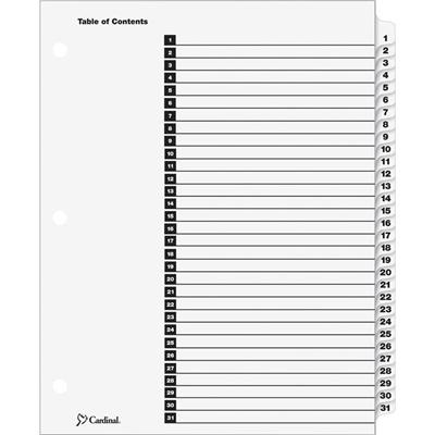 Cardinal&reg; OneStep Daily Index System - 31 x Divider(s) - Printed Tab(s) - Digit - 1-31 - 31 Tab(s)/Set - 9" Divider Width x 11" Divider Length - Letter - 8.50" Width x 11" Length - 3 Hole Punched - White Divider - White Tab(s) - Reinforced Tab, R