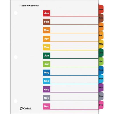 Cardinal&reg; OneStep Monthly Index System - 12 x Divider(s) - Printed Tab(s) - Month - Jan-Dec - 12 Tab(s)/Set - 9" Divider Width x 11" Divider Length - Letter - 8.50" Width x 11" Length - 3 Hole Punched - White Divider - Multicolor Tab(s) - Reinfor