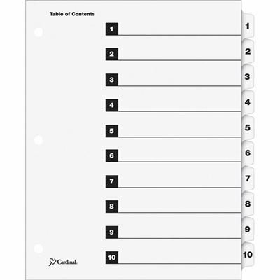Cardinal&reg; OneStep Numbered Index System - 10 x Divider(s) - Printed Tab(s) - Digit - 1-10 - 10 Tab(s)/Set - 9" Divider Width x 11" Divider Length - Letter - 8.50" Width x 11" Length - 3 Hole Punched - White Divider - White Tab(s) - Reinforced Tab