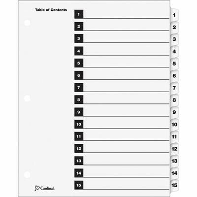 Cardinal&reg; OneStep Numbered Index System - 15 x Divider(s) - Printed Tab(s) - Digit - 1-15 - 15 Tab(s)/Set - 9" Divider Width x 11" Divider Length - Letter - 8.50" Width x 11" Length - 3 Hole Punched - White Divider - White Tab(s) - Reinforced Tab