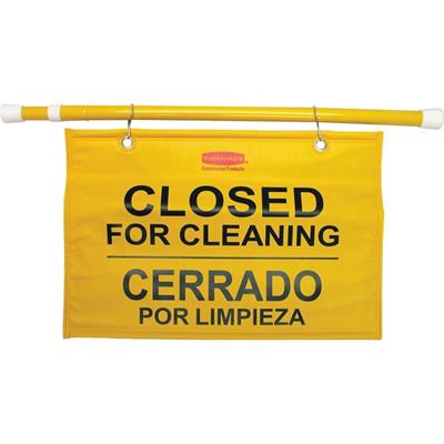 Rubbermaid Commercial Multilingual Closed for Cleaning Safety Sign - English, French, Spanish - Print/Message "Closed for Cleaning" - 50" Width x 13" Height x 1" Depth - Durable - Yellow - 1 Each