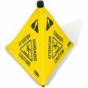 Rubbermaid Commercial 30" Pop-Up Caution Safety Cone - Print/Message "Caution" , "Attention" , "Cuidado" - 21" Width x 30" Height x 21" Depth - Wall Mountable - Durable, Multilingual, Three-sided, Foldable - Yellow - 1 Each