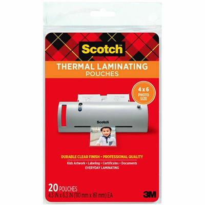 Scotch Thermal Laminating Pouches - Sheet Size Supported: 4" Width x 6" Length - Laminating Pouch/Sheet Size: 4.30" Width x 6.30" Length x 5 mil Thickness - Glossy - for Photo, Document, Lists, Card, Recipe, Artwork - Photo-safe, Double Sided - Clear