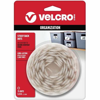 VELCRO&reg; Sticky Back 5/8in Circles White 75 Ct - 0.59" Length x 0.59" Width x 0.63" Diameter - White - Adhesive Backing - Dispenser Included - For Glass, Metal, Plastic, Wood, Tile, Indoor, Smooth Surface, Outdoor, Home, School, Office - 75 / Pack